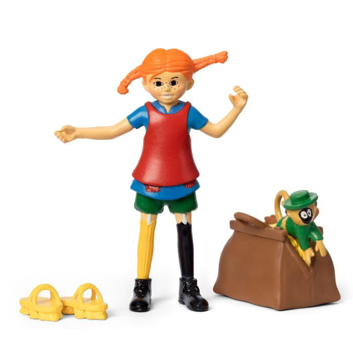 Pippi figur med taske, mønter, tøfler og Hr. Nilsson