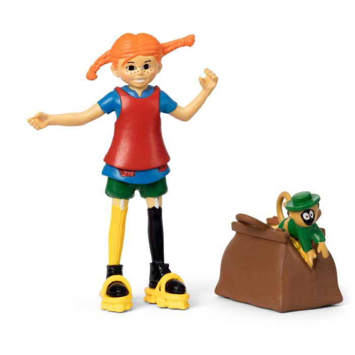 Pippi figur med taske, mønter, tøfler og Hr. Nilsson