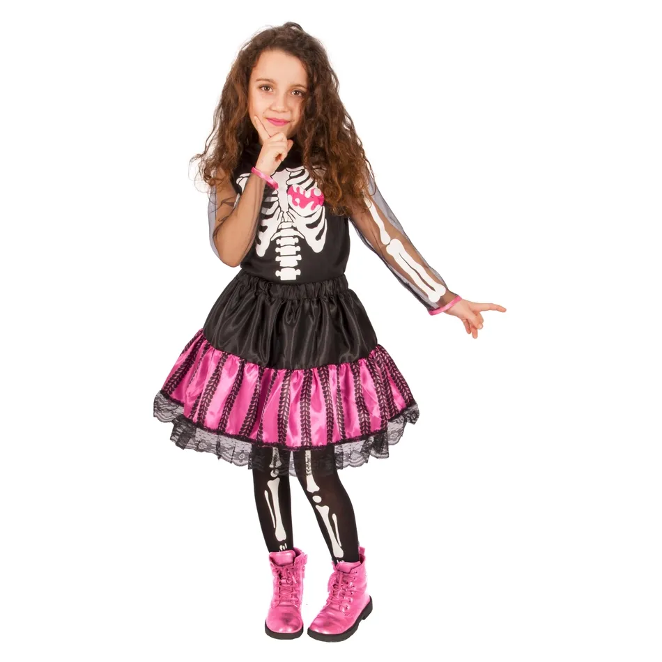 Halloween Kostume str. 7-9 år, Skelet kjole dragt sort/pink