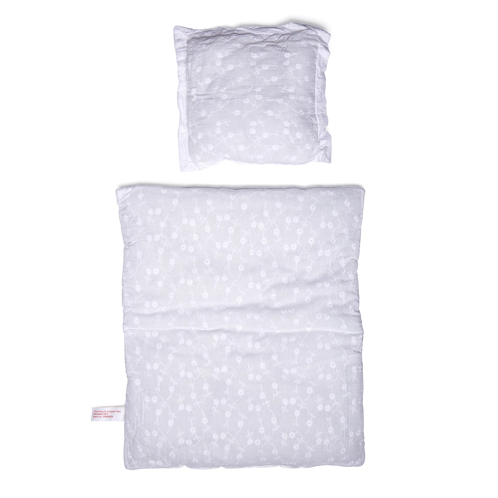 Mamamemo Dukketilbehør - Sengesæt 40 cm Broderi Anglaise hvid