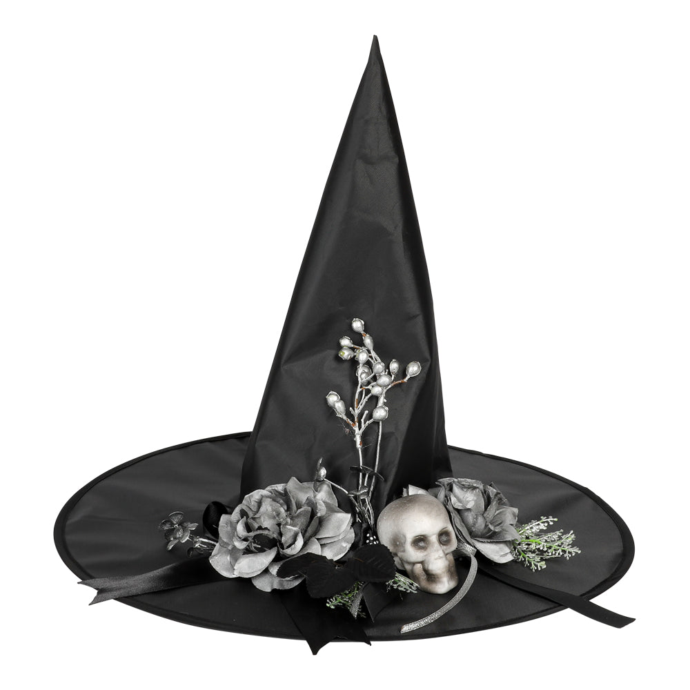 Halloween Heksehat med kranie og blomster