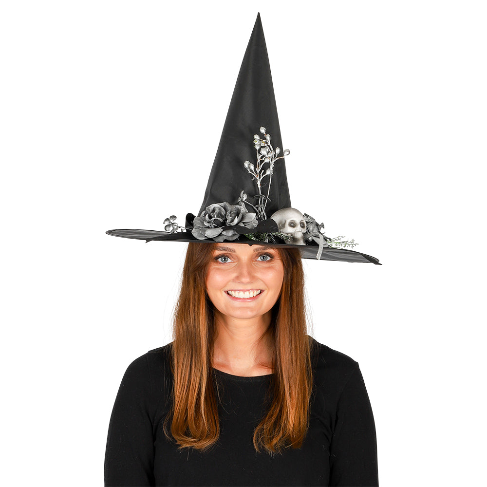 Halloween Heksehat med kranie og blomster